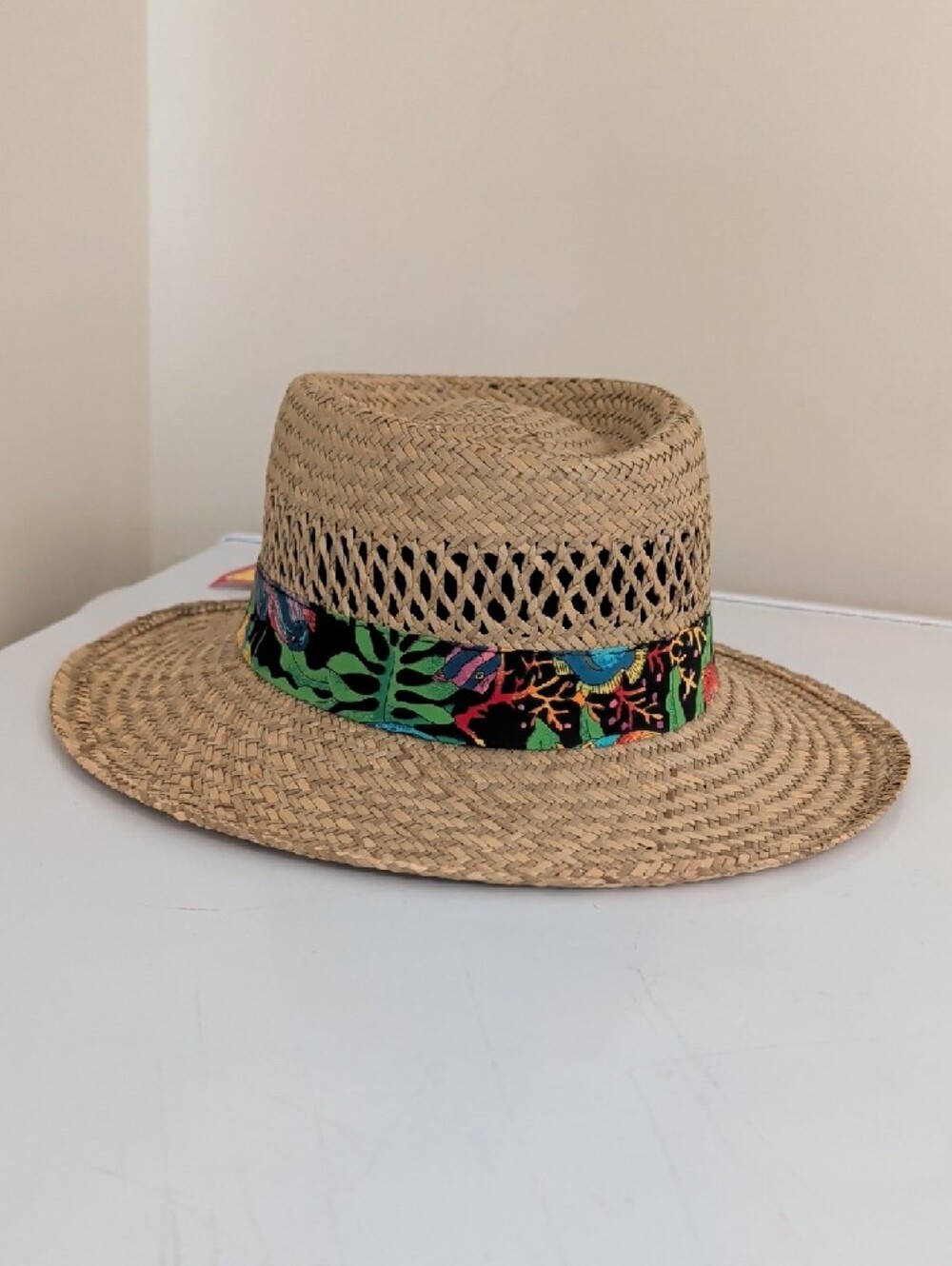 Vintage Summer Club Straw Sun Hat Wide Brim Tropical Fish Band Men’s M NWT - Picture 3 of 14